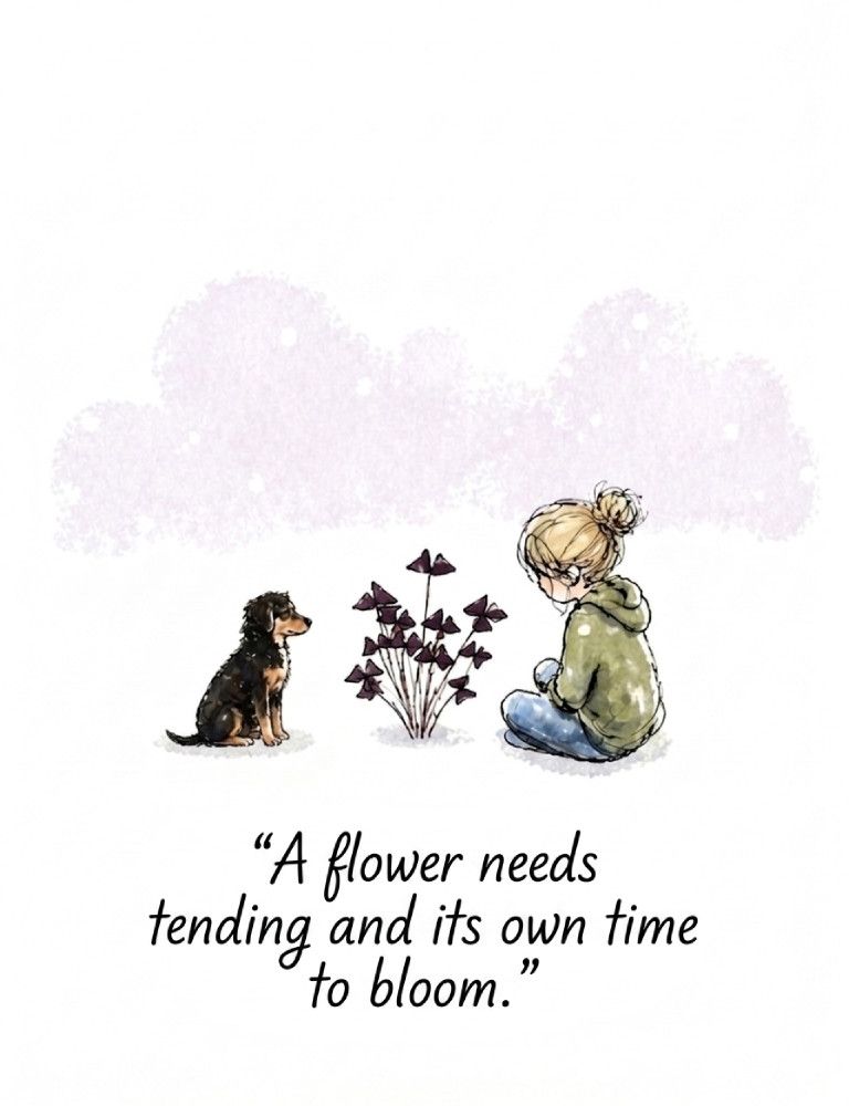Watercolor of a girl and puppy with the text: A flower needs tending and its own time to bloom