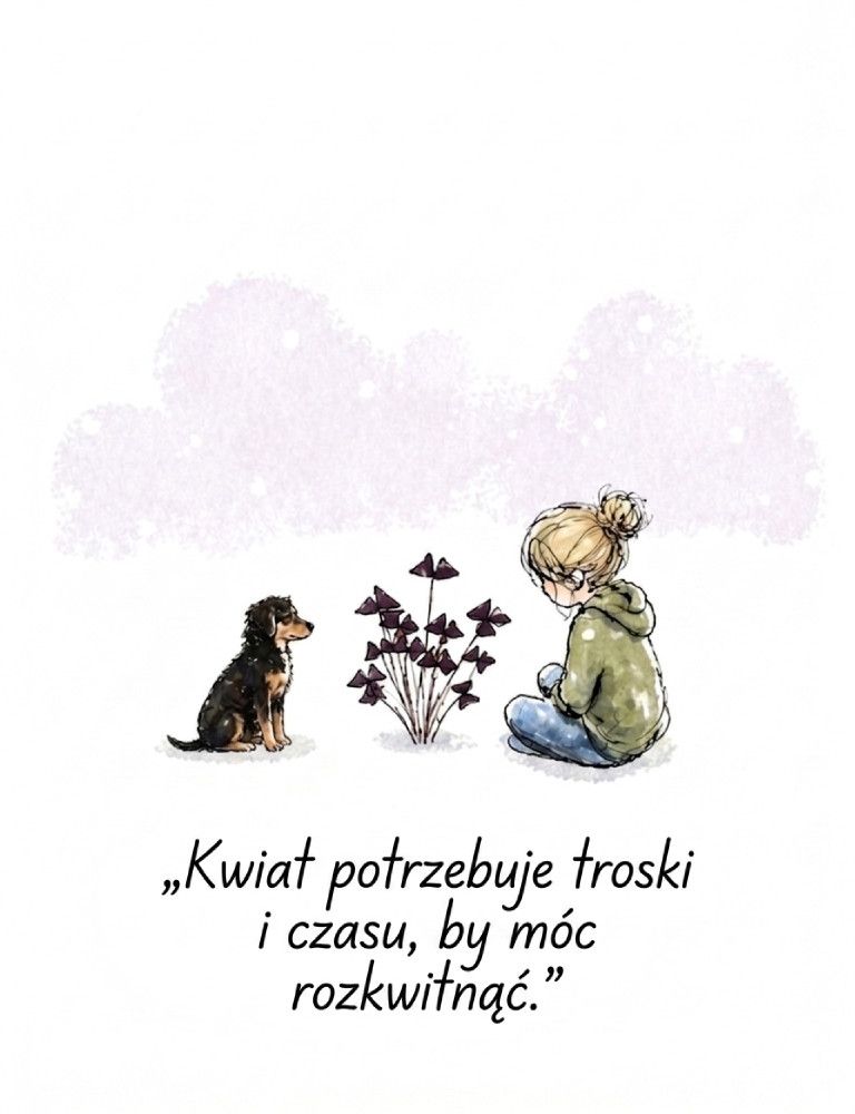 Akwarela: dziewczynka i szczeniak. Tekst: Kwiat potrzebuje czasu, aby zakwitnąć.